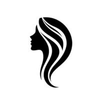 Silhouette of a womans profile, featuring long, flowing hair in a stylish , set against a plain white background. vector