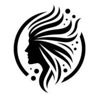 Stylized Silhouette of a Woman with Flowing Hair within a Circle, Surrounded by Decorative Dots, in Bold Black and White. vector