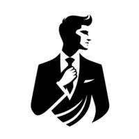 Silhouette of a stylish man in a suit, adjusting his tie, in a clean, minimalist black and white , conveying confidence. vector