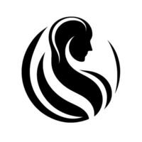 Black and white minimalist silhouette of a woman with flowing hair, encompassed in a circular , suggesting grace and fluidity. vector