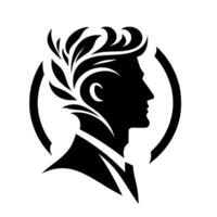 Silhouette of a Mans Profile, Encircled, with Stylized Hair and Laurel Wreath Embellishment, a monochromatic emblem on a white backdrop. vector
