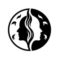 Yin Yang Symbol with Faces Black and White Art Depicting Balance and Harmony, Featuring Leaves and Fluid Lines. vector