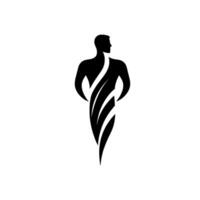 A minimalist black silhouette of a man with flowing, winglike abstract , with a stylized human figure standing facing right, with a sleek and modern aesthetic. vector