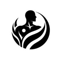 Silhouette of a human upper body within an abstract organic crest, symbolizing strength, wellness, and vitality, in a minimalist black and white . vector