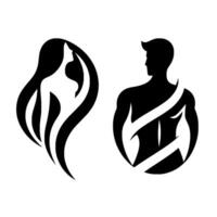 Stylized Silhouette Duo A Black and White Depiction of a Womans Curvaceous Figure Paired with a Muscular Male Form, Suggesting Connection and Harmony. vector