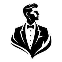 Black and White Silhouette of a Gentleman in a Tuxedo, with a Bow Tie, in a Side Profile, on a White Background. vector