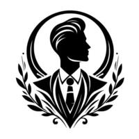 Silhouette of an elegant man in a suit, framed by a laurel wreath and encircled by a ring, embodying professionalism and classic sophistication. vector