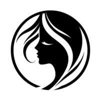 Silhouette of a womans profile in a circular frame, featuring flowing hair and closed eyes, a classic, minimalist . vector