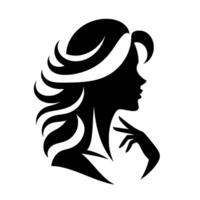 Elegant Silhouette of a Woman Black and White Art Depicting Flowing Hair, Graceful Posture, and Contemplative Pose, against a White Background vector