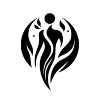 A symmetrical black and white depicts a stylized human form encircled by organic leaf shapes, with a circular head and minimalist . vector