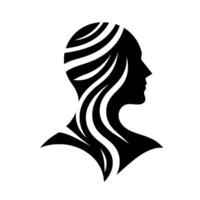 A minimalist silhouette of a womans profile with flowing, stylized hair, rendered in bold black lines against a clean white background. vector