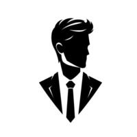 Silhouette of a stylish businessman in a suit and tie, gazing thoughtfully to the side, rendered in a minimalist, twotone aesthetic. vector