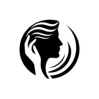 Elegant silhouette of a womans profile and hand within a circular frame, showcasing a sleek black and white suitable for beauty, wellness, or artistic branding. vector
