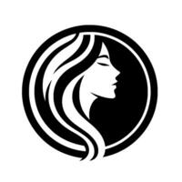 Elegant Minimalist Silhouette of a Womans Profile in a Circular Frame, Black and White, with flowing hair and closed eyes. vector