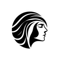 Minimalist Black and White Circle of a Womans Profile with Flowing Hair, Tranquil Expression. vector