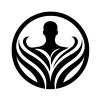 Stylized black silhouette of a human figure encircled by a black ring, with stylized wings or leaves emanating from the shoulders. vector