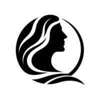 Elegant black and white silhouette of a womans profile within a stylized circular frame, showcasing flowing hair. vector