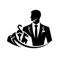 Black and white minimalist featuring a sharply dressed man and a suit on a hanger, symbolizing tailoring and fashion. vector