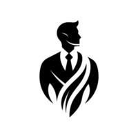 A minimalist black and white of a businessman, wearing a suit and tie, looking to the side with stylized flamelike flourishes around the shoulders. vector