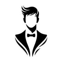 Stylish Black and White Minimalist of a Gentleman Wearing a Tuxedo with Modern Hair. vector