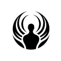 A minimalist black silhouette of a human figure encircled by stylized, arched wings, set against a clean, white background. vector