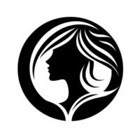 Elegant black and white silhouette of a womans profile within a circle, symbolizing beauty and grace, with flowing hair details. vector