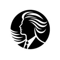Elegant Silhouette of a Person in a Suit and Tie with Stylish Flowing Hair, Contained within a Black Circle on White. vector
