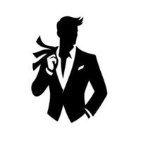 A sleek, minimalist black and white silhouette of a sophisticated gentleman in a suit, casually holding his tie, exuding confidence. vector