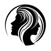 A minimalist black and white silhouette, two female faces, intertwined with flowing hair, set within a circle. vector