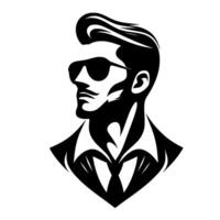 Sleek, monochrome illustration of a suave gentleman, sporting sunglasses, a slickedback hairstyle, and a sophisticated outfit, rendered in bold black and white. vector
