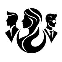 A stylized minimalist featuring three silhouetted figures a woman with flowing hair flanked by two men in business attire, evoking corporate identity. vector