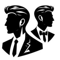 Silhouetted Portraits of Two Elegant Men in Suits, One with Tie, Other with Bow Tie, Side Profile, Black and White vector