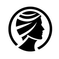A stylized black silhouette of a womans profile, adorned with layered hair, enclosed within a thick circular frame, set against a bright white backdrop, creating a minimalist aesthetic. vector