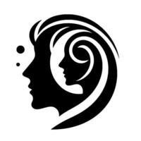 Artistic monochrome featuring two overlapping profiles, one nesting within the other, conveying duality and inner thoughts with flowing lines and dots. vector