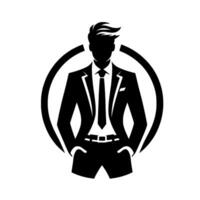 Stylish Businessman Silhouette in Black Suit, Tie, and Hands in Pockets, Within Circular Frame, Minimalist . vector