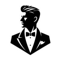 Elegant Silhouette A stylized black and white of a man in a tuxedo, featuring a profile view, sleek hairstyle, bow tie, and pocket square against a clean white background. vector