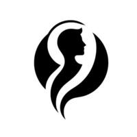 A sleek, minimalist black and white featuring a mans silhouette profile enclosed in a circular with flowing elements. vector