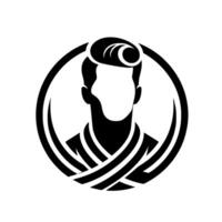 Stylish Black and White Silhouette of a Man with a Quiff Hairstyle Encased in a Circular Emblem with Striped Elements. vector