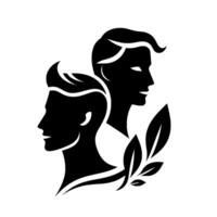Silhouette of Two Men with Foliage A stylized black and white representing two male figures in profile with stylized hair and a sprig of leaves, suggesting nature or harmony. vector
