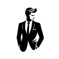 A stylized silhouette of a sophisticated man in a tailored black suit and tie, exuding confidence and charisma against a pristine white backdrop. vector