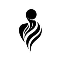 Abstract black and white stylized humanlike figure with circular head and flowing, curved stripes, centered on white background. vector