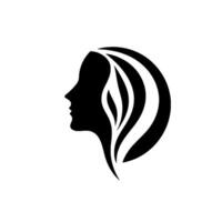 A minimalist black and white silhouette of a womans profile, the hair merging with a curved against a plain white backdrop. vector