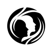 Symbolic yinyang representation of two human profiles, one in black, one in white, enclosed within a circular frame, with fluid, abstract elements suggesting connection and harmony. vector