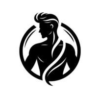 Black and white stylized silhouette of a muscular man within a circular frame, exuding strength. vector