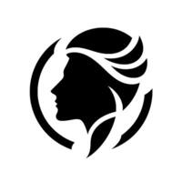 Silhouette of a womans profile within a circle, with stylized hair and leaflike elements, presented in stark black and white . vector