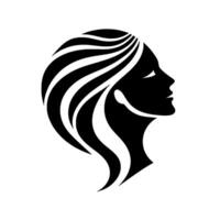 Elegant Silhouette A stylized black and white portrait of a woman in profile, showcasing flowing hair and a serene expression, set against a clean white backdrop, creating a minimalist . vector