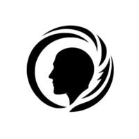 Silhouette of a human profile encompassed within a black circular motif, adorned with dynamic, stylized featherlike elements, on a crisp white background. vector