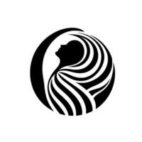 Monochrome Silhouette Womans Profile in Circular Embrace, Flowing Hair, Abstract Art, Bold Contrast, Modern . vector