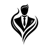 Elegant Black White Silhouette of a Man in a Suit with Artistic Swirls, Representing Sophistication and Professionalism, on a Clean White Background. vector