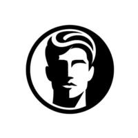 Stylized Black and White Portrait of a Man within a Circle, Featuring Geometric Face and Swirling Hair. vector
